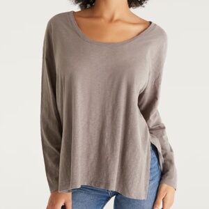 Z Supply Long Sleeve Scoop Neck Tee in Taupe